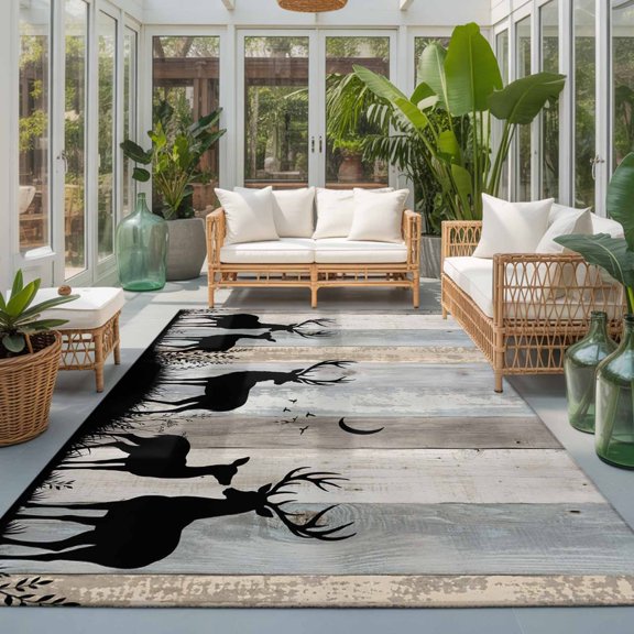Wood Grain Washable Living Room Rugs 9'x12', Deer Herd Silhouettes Rustic Slate Gray Wooden Striped Washable Throw Large Area Rug Non-Slip Sturdy Edge Binding Carpet for Bedroom Dining Room Office
