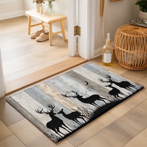 Wood Grain Washable Small Entryway Area Rugs 2'x3', Deer Herd Silhouettes Rustic Slate Gray Wooden Striped Washable Throw Rug Non-Slip Sturdy Edge Binding Carpet for Front Door Floor Room Entry