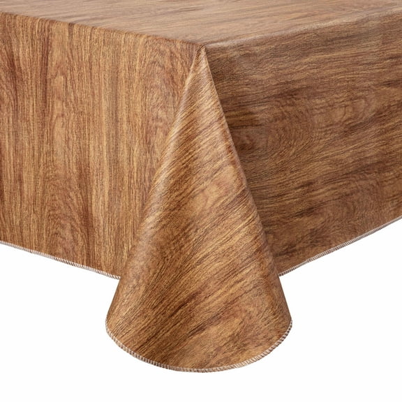 Wood Grain Waterproof Tablecloth with Flannel Backing - 52×52/52×70/60×60 Inch, Wipeable Stain Resistant Table Cover, Rustic Brown, Indoor & Outdoor