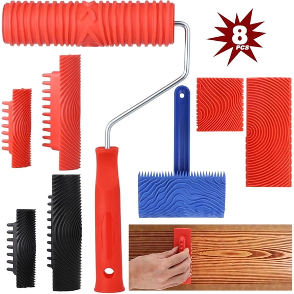 Wood Graining Tool Set 8Pcs, Rubber Wood Grain Rollers with Handles, Realistic Wood Texture Paint Tools for DIY Decorative Painting on Walls Floors Furniture