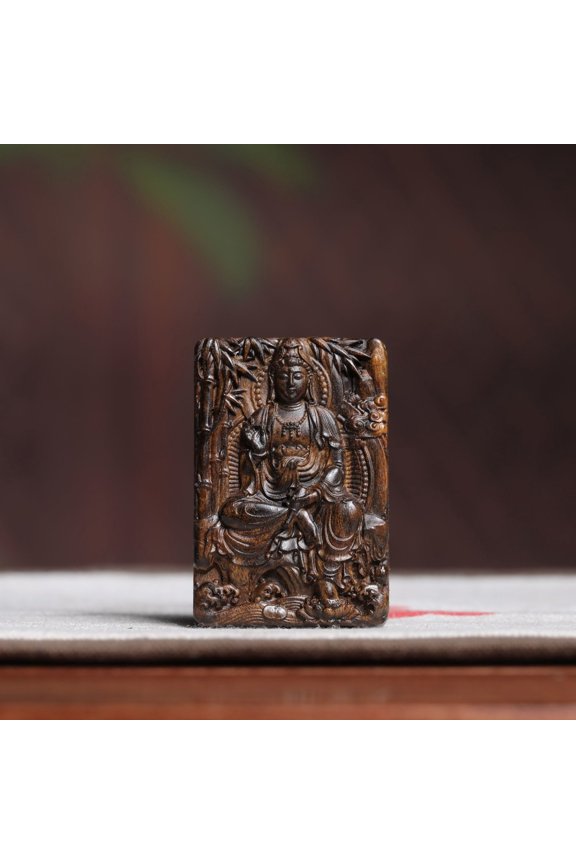 Wood Guanyin Pendant Necklace Bamboo Design Carved Buddhist Amulet Unisex Spiritual Jewelry for Gift or Decor