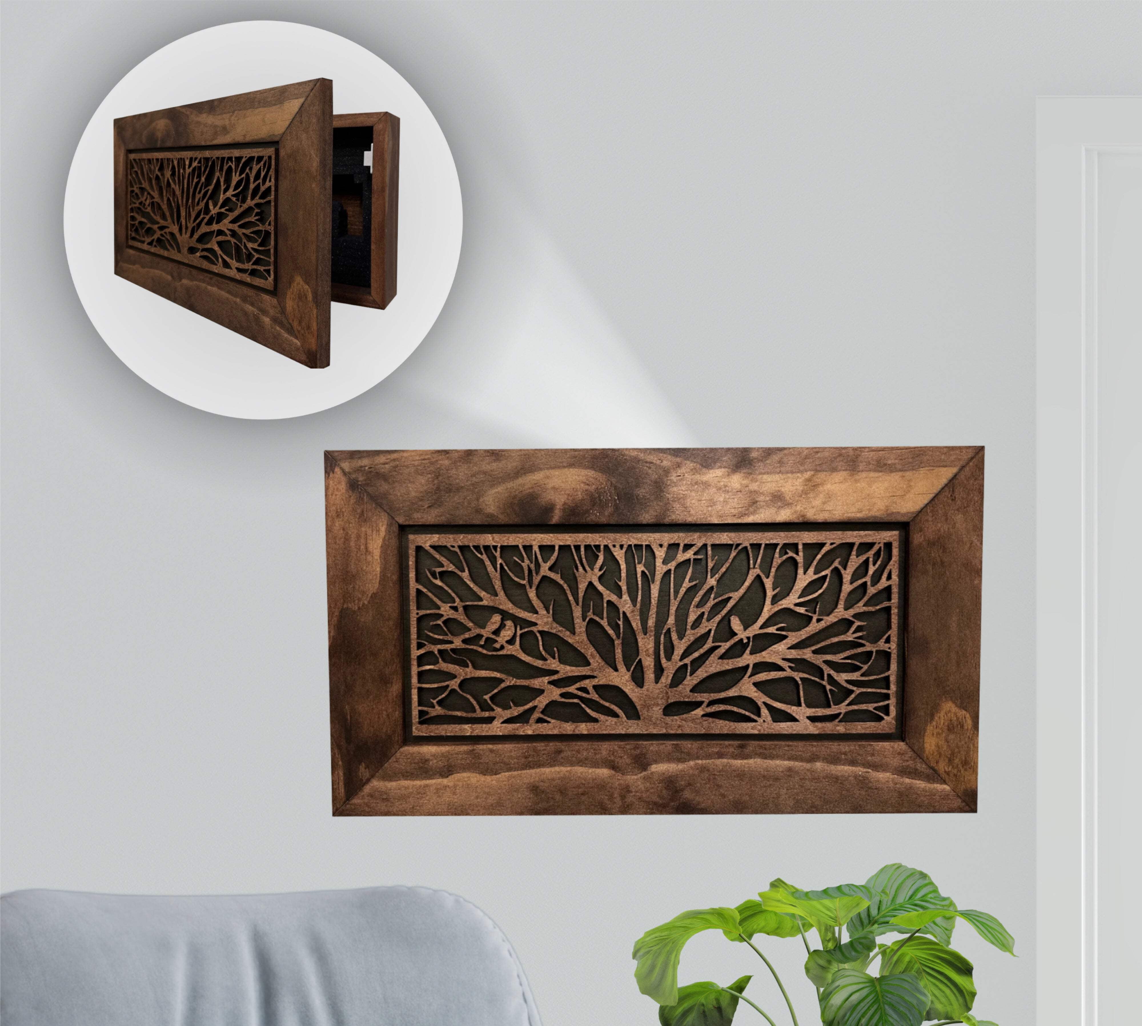 Wood Birds in a Tree 3-4 Gun Safe Secure Magnetic Lock Quick Access Wood Pistol Cabinet Wall Decor