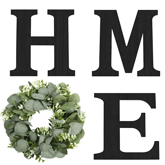 Wood HOME Wall Sign, Rustic Black Wooden Letters with Lifelike Eucalyptus Wreath, Farmhouse Handmade Wall Art Decor for Living Room Dining Room