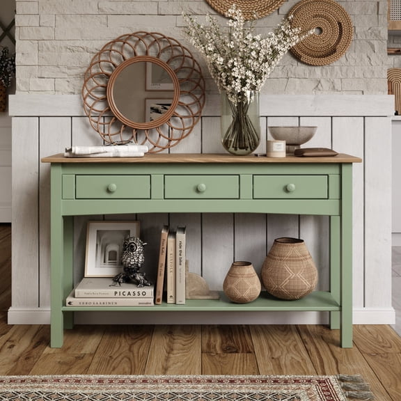 Wood Hall Table Console 3 Drawers Farmhouse Sage Green | Furniture Dash