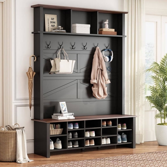 Wood Hall Tree Entryway with Adjustable Shelves, Mudroom Coat Rack with 16 Open Compartments, Black