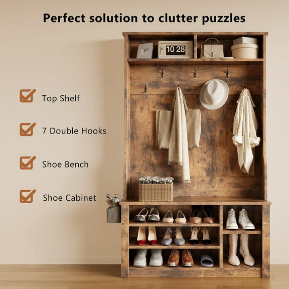 Wood Hall Tree with Bench，Lofka Coat Rack with Shoe Storage and Hooks, for Entryway|Living Room|Bedroom,Retro