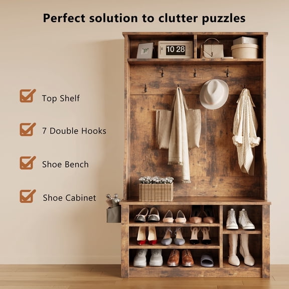 Wood Hall Tree with Bench，Lofka Coat Rack with Shoe Storage and Hooks, for Entryway|Living Room|Bedroom,Retro