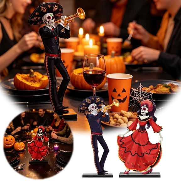 Wood Halloween Tabletop Decor, Skeleton Figurine With Freestanding Table, Sugar Skull Style Ornament, Desktop Decoration For Party Mantel Halloween Themed Daily Decoration