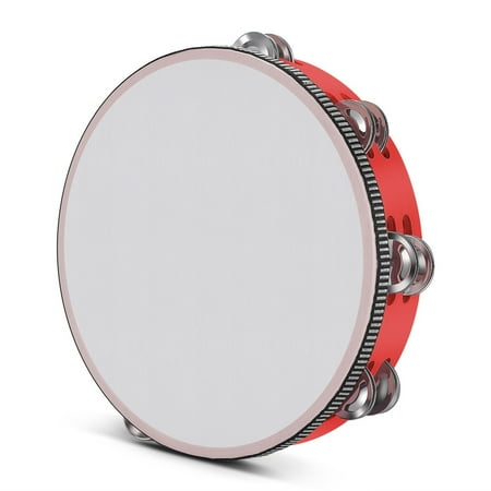 Wood Handheld Tambourine 10 Inch Double Row 16 Pair Jingles (Red) - Hand Held Percussion Drum Moon Musical Educational Instrument with Metal Bell Adults Classroom Gift KTV Party