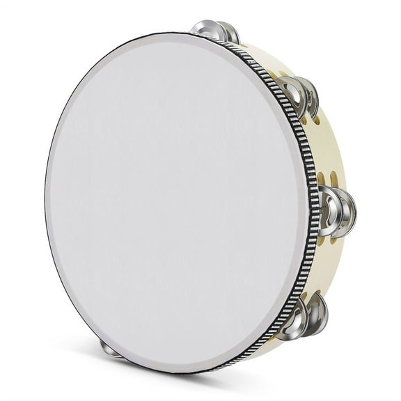 Wood Handheld Tambourine 10 Inch Double Row 16 Pair Jingles (Wood) - Hand Held Percussion Drum Moon Musical Educational Instrument with Metal Bell Adults Classroom Gift KTV Party