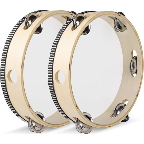 Wood Handheld Tambourine 6" Inch Single Row 5 Pair Jingles (2 Pack, Wood) - Hand Held Percussion Drum Moon Musical Tambourine with Ergonomic Handle Grip