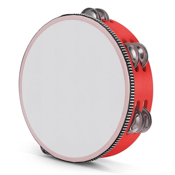 Wood Handheld Tambourine 8 Inch Double Row 12 Pair Jingles (Red) - Hand Held Percussion Drum Moon Musical Educational Instrument with Metal Bell Adults Classroom Gift KTV Party