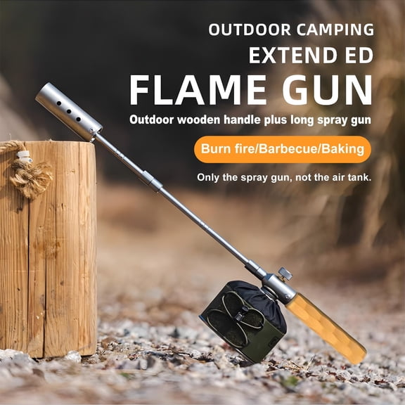 Wood Handle Camping Flame,Detachable BBQ Charcoal Starter, Removable Compatible Butane Gas Canisters and Blend Isobutane Fuel,Portable Camping Barbecue Charcoal Torch For Outdoor