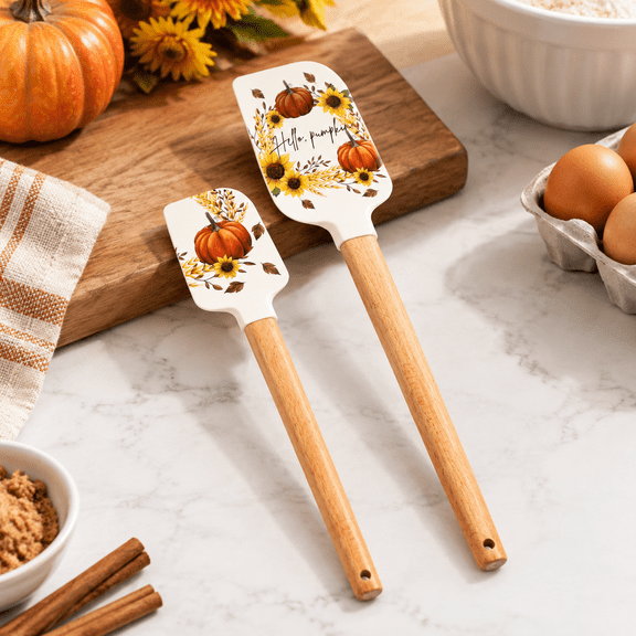 Wood Handle Silicone Spatula with Sunflower Pumpkin Fall Print Kitchen Utensil