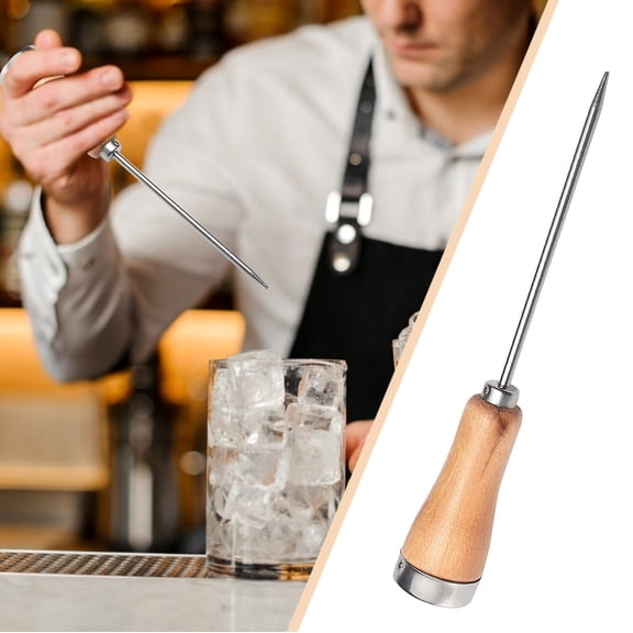 Wood Handle Stainless Steel Ice Pick Chisel, Single Point Ice Breaking Tool for Bar Cocktail Ice Cube Crushing