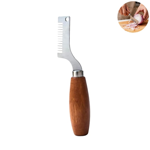 Wood Handle Stainless Steel Scallion Shredder Tool, Multifunctional Onion Slicer Ginger Garlic Shaving Cutter, Handheld Vegetable Shredding Knife for Kitchen Cooking Prep