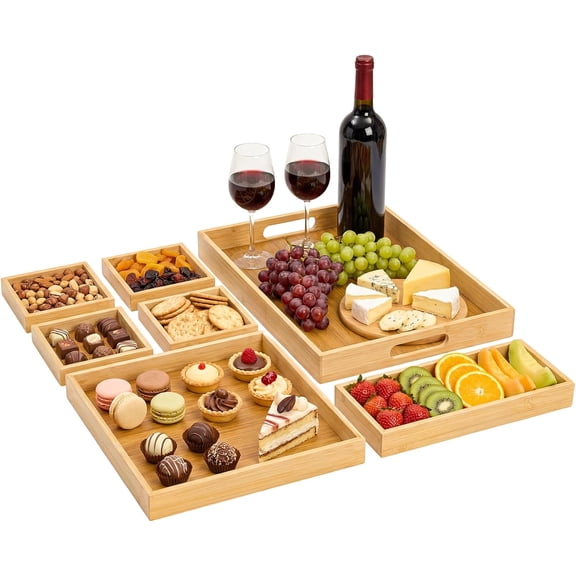 Wood with Handles, Set of 7 Rectangular Platters, Nesting Bamboo Tray for Breakfast in Bed, Entertaining, Couch, Party, Breakfast, Coffee Table, Home Decor