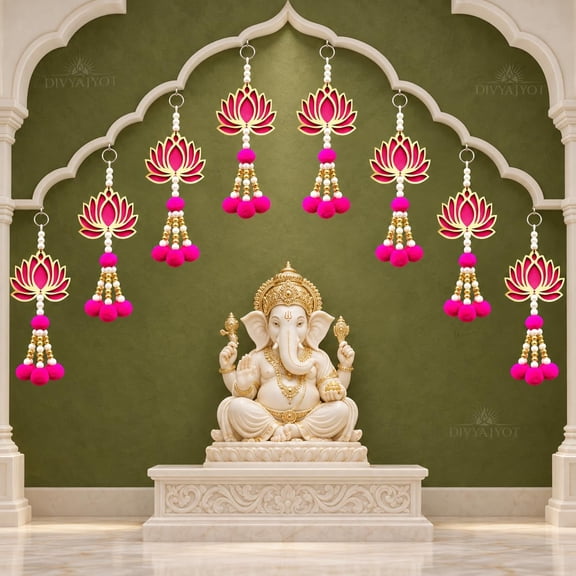 Wood Handmade Wall Decor Lotus with Pom-Pom Style (Set of 8 Pcs), Hanging for Home Decor,Diwali Decor, Wedding and All Festival Decor | Lotus Hangings for Home Decoration |, Multicolor
