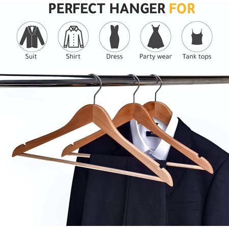 Wood Hangers with Chrome Hooks, 17.5 Inch Slightly Curved Design, 30 Pack Value Set, Heavy-Duty Support for Coats, Suits, Shirts, and Pants, For Home Wardrobes