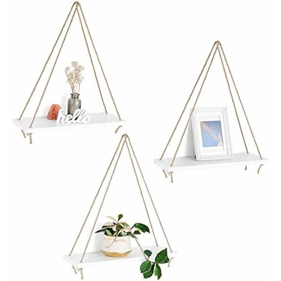 Wood Hanging Shelves for Wall Boho Decor Swing Rope Rustic Floating Shelf, Set of 3 Wall Display Shelving Home Organizer Rack for Living Room Bedroom Bathroom Kitchen,White