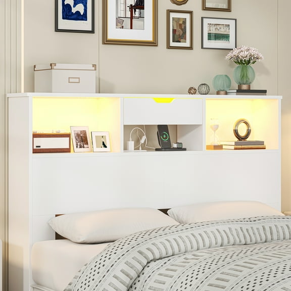 Wood Headboard for Full and Queen Bed, LED Headboard with Changing Station and Storage Cabinet for Bedroom, White (Not Include Bed