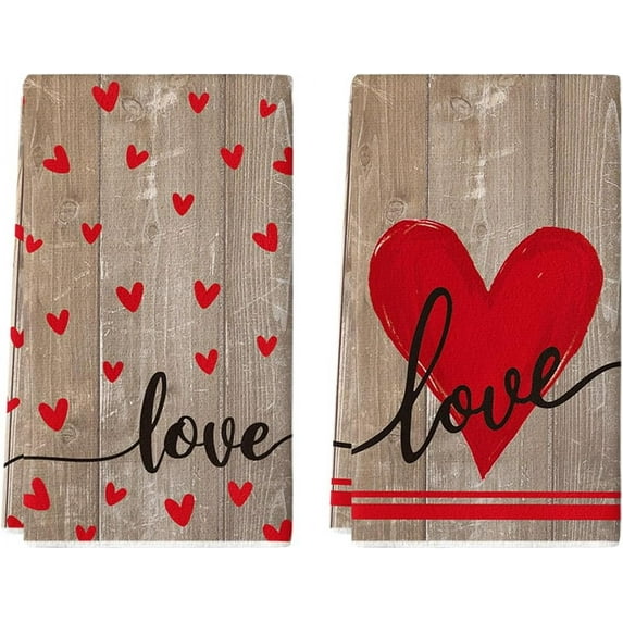 Wood Heart Love Valentine''s Day Kitchen Towels Dish Towels, 18x26 Inch Anniversary Wedding Farmhouse Decoration Hand Towels Set of 2