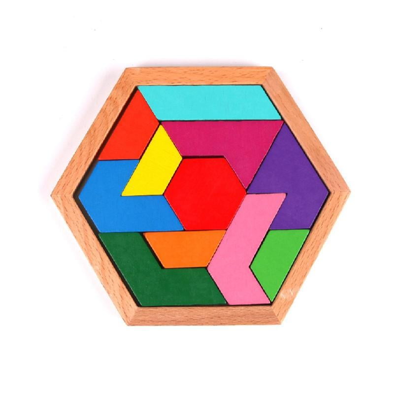 Wood Hexagon Puzzle Tangram Brain Teaser Block Toy Geometry Logics Game ...