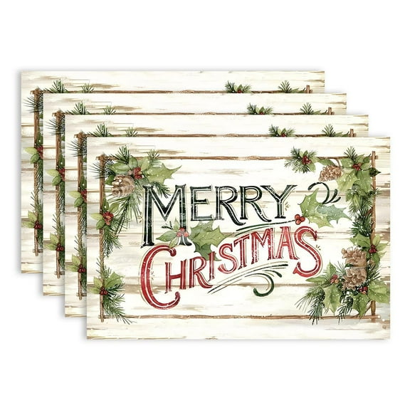 Wood Holly Pine Cone Merry Christmas Placemats Set of 4, 12x18 Inch Seasonal Winter Holiday Table Mats for Party Kitchen Dining Decoration