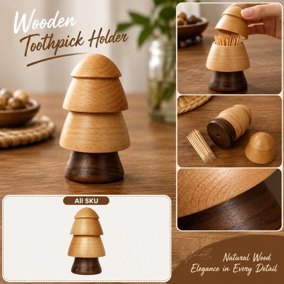 Wood Home Decor, 3" X 2" Two-Tone Wood Toothpick Holder, Cute Tree Shaped Wooden Toothpick Dispenser, Functional Festive Holiday Decor Accent, Compact 3X2 Inch Solid Wood