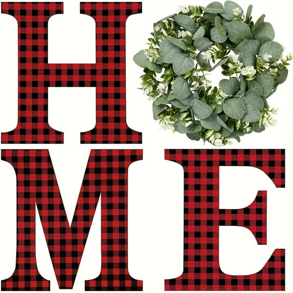 Wood Home Sign with Artificial Eucalyptus Wreath for O, Hanging Farmhouse Wall House Decor Wood Home Letters for Wall Art Rustic Home Decor, Home Wall Decor for Living Room Kitchen Entryway