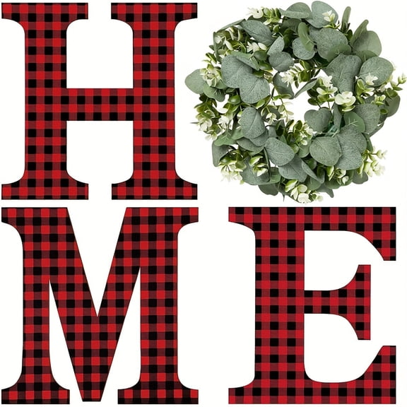 Wood Home Sign with Artificial Eucalyptus Wreath for O, Hanging Farmhouse Wall House Decor Wood Home Letters for Wall Art Rustic Home Decor, Home Wall Decor for Living Room Kitchen Entryway