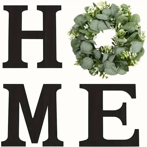 Wood Home Sign with Artificial Eucalyptus Wreath for O, Hanging Farmhouse Wall House Decor Wood Home Letters for Wall Art Rustic Home Decor, Home Wall Decor for Living Room Kitchen Entryway
