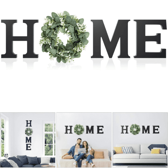 Wood Home Sign with Artificial Eucalyptus Wreath for O, Hanging Farmhouse Wall House Decor Wood Letters for Wall Art Rustic Home Decor, Wall Decor for Living Room Kitchen Entryway