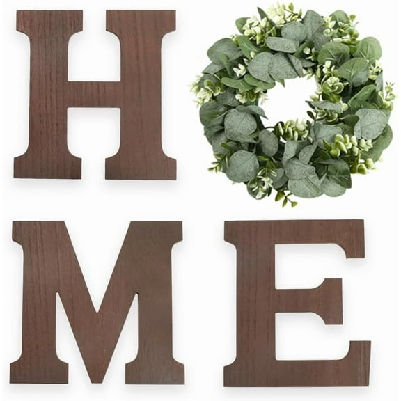 Wood Home Sign with Artificial Eucalyptus Wreath for O, Hanging Farmhouse Wall House Decor Wood Letters for Wall Art Rustic Home Decor, Wall Decor for Living Room Kitchen Entryway