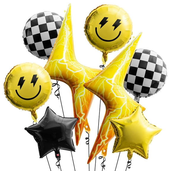Wood Homing 8PCS 18 Inch Smile KKS1Party Checkered Helium Balloons, Yellow Smile Face Prppy Theme Birthday Party Decorations, Yellow Lightning Balloons for Wedding Decor Event Supplies