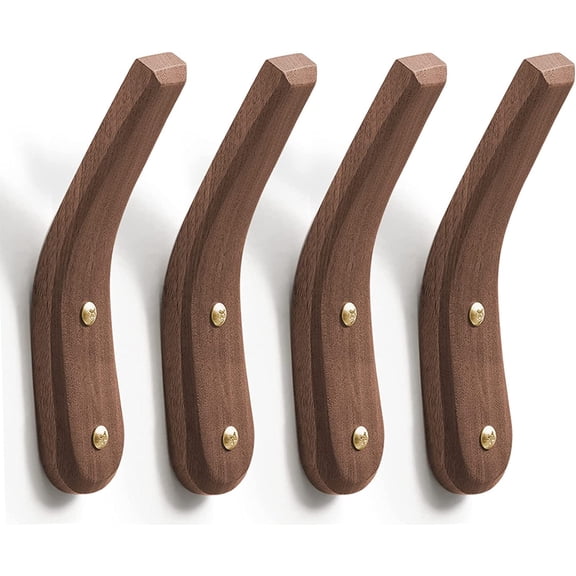Wood Hooks Wall Mounted Minimalist Natural Real Walnut (4 Pack) | Easy Install, Hanging Towel Hat Coat Bag Cap Clothes Robe, Bathroom, Entryway, Mid Century Modern, Rustic, Boho, Decor