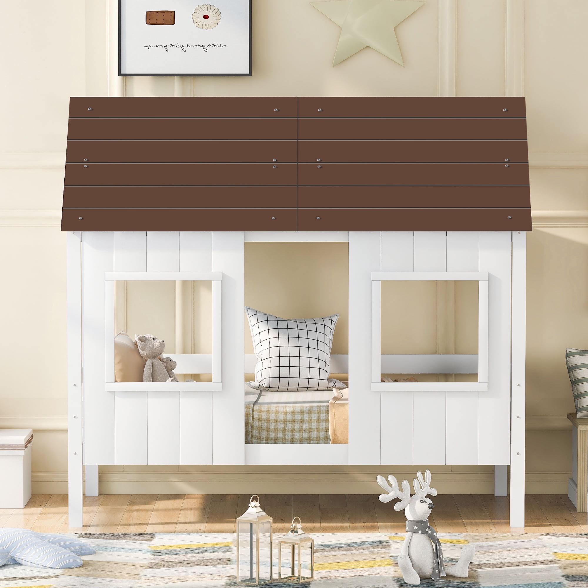 Wood House Bed for Kids, Aukfa Modern Twin Size Low Loft House Bed with Two Front Windows for Kids Bedroom, Toddler Low Loft Bed, Antique Gray+Normal White