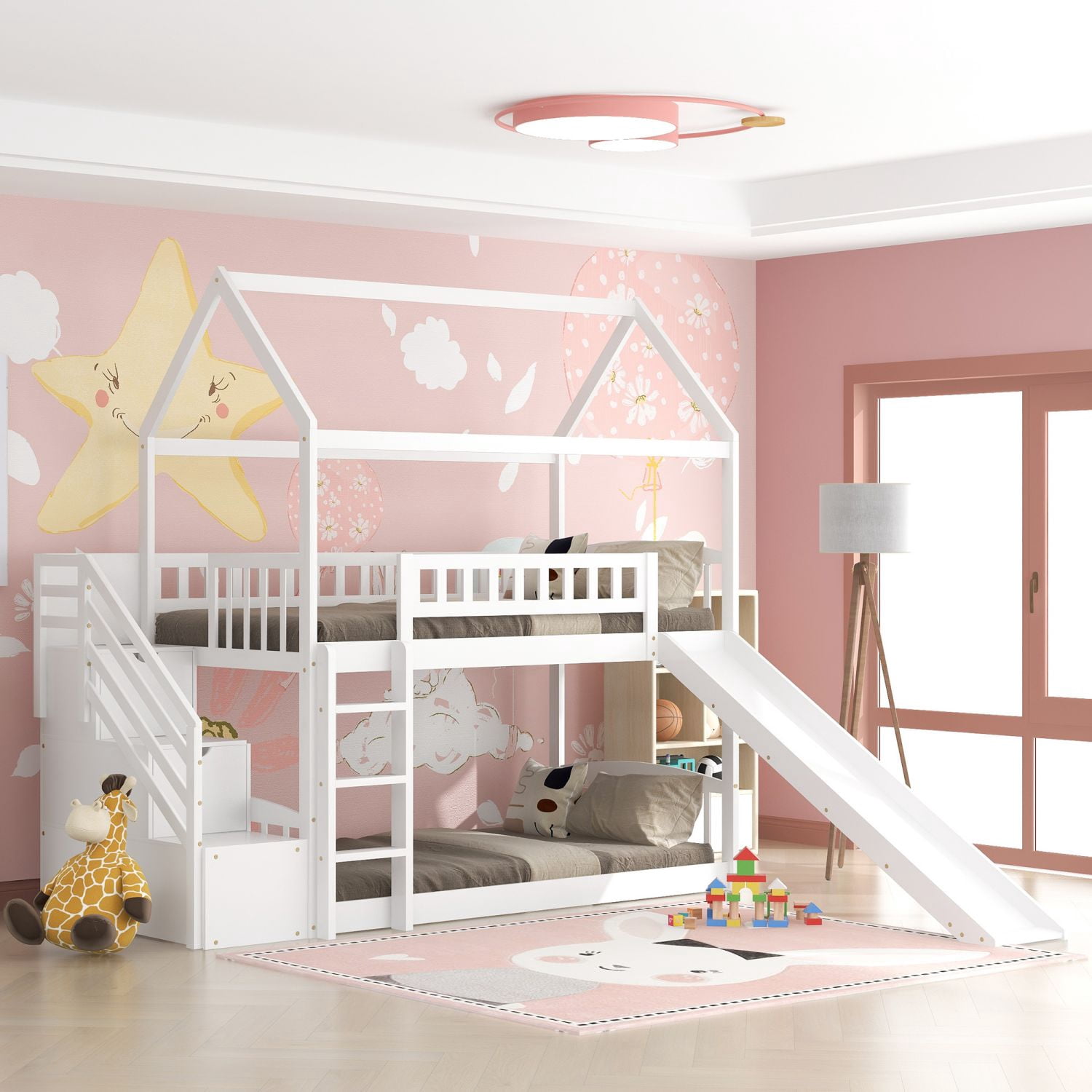 House Bunk Beds with Slide and Step Stairs, Twin Over Twin Bunk Bed ...