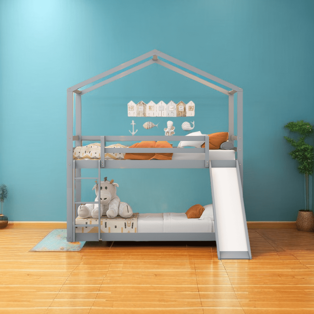 Wood House Bunk Bed Twin Over Twin with Roof,House Bunk Beds with Slide ...