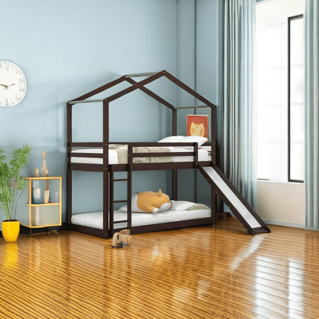 Wood House Bunk Bed Twin Over Twin with Roof,House Bunk Beds with Slide ...