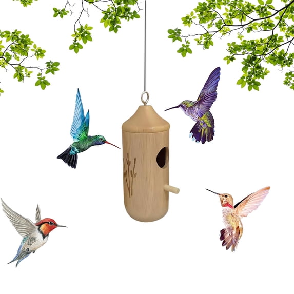 Wood Hummingbird House Feeder Outdoor Garden Hanging Nest Box Natural Breathable Durable Easy Install for Balcony Porch Tree Backyard Bird Watching