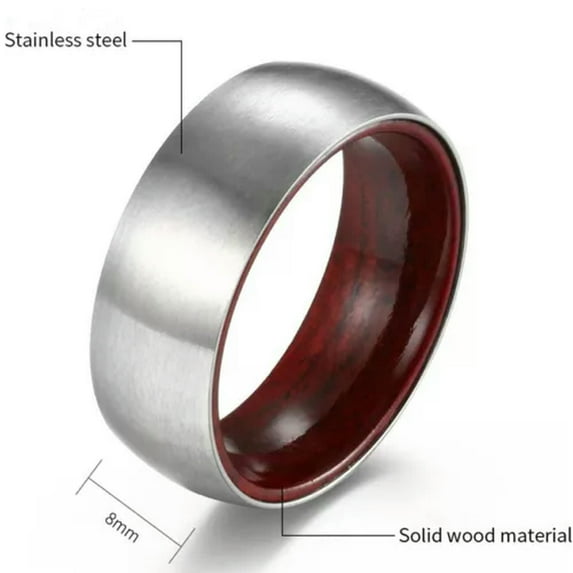 Wood Inlay Stainless Steel Band Mens 8mm Silver Brushed Anniversary Ring Sz 7-13