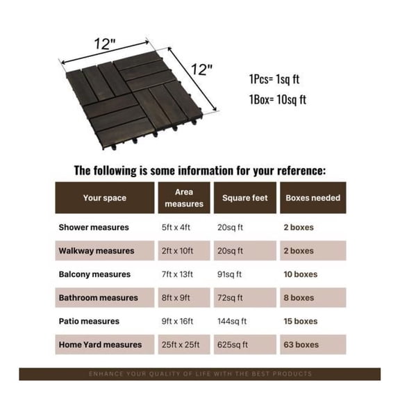 Wood Interlocking Deck Tiles Checker Pattern, 10PCS 12" x 12" Square Dark Brown Hardwood Outdoor Flooring for Patio, Bancony, Pool Side