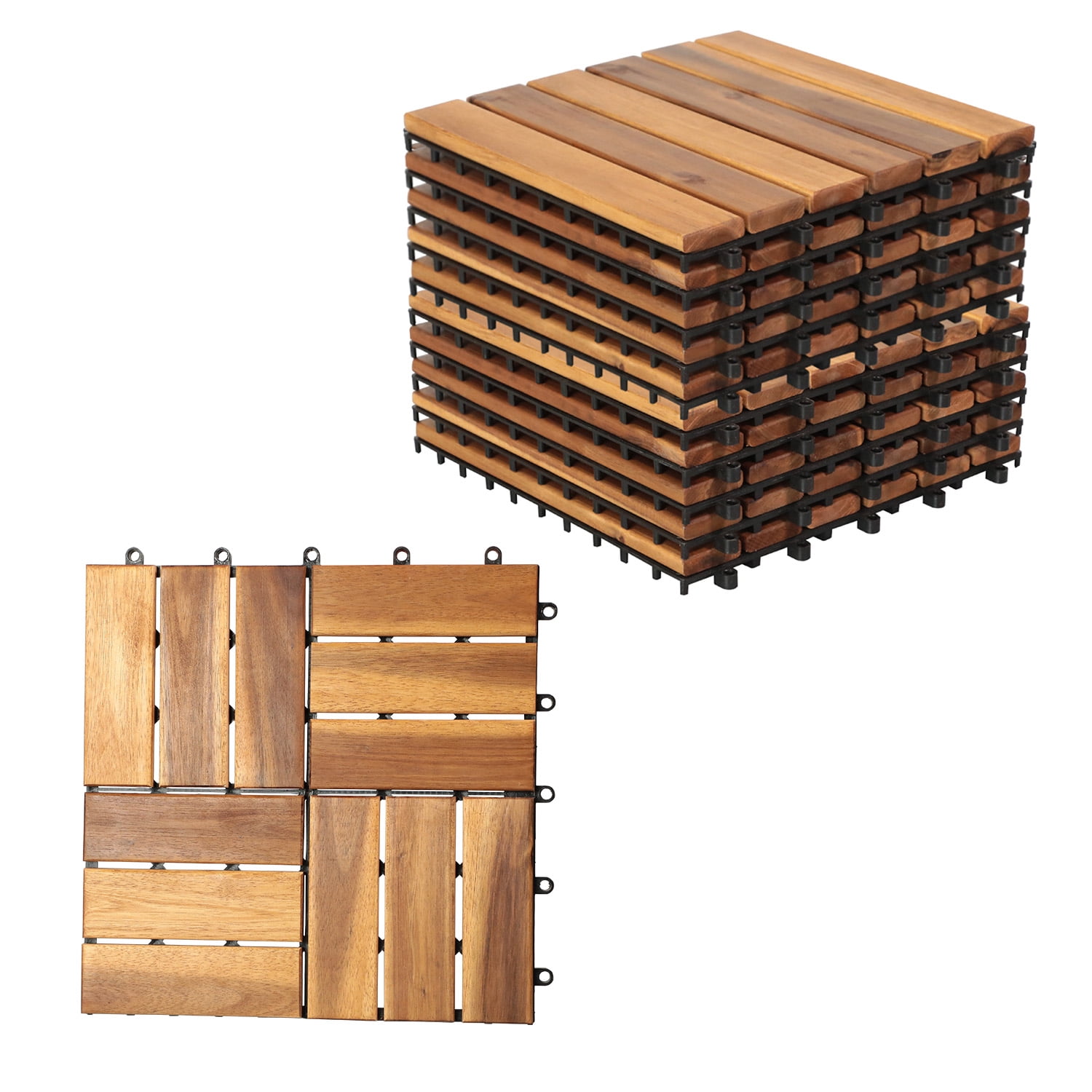 Wood Interlocking Flooring Tiles, Mosaic Pattern Patio Deck Tiles, 12''x12'' (20pcs), Solid Wood Acacia Deck Tiles for Garden Porch Indoor Outdoor (Natural Color, 12 Slats)