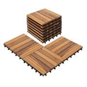 Wood Interlocking Flooring Tiles, Mosaic Pattern Patio Deck Tiles, 12''x12'' (10pcs), Solid Wood Acacia Deck Tiles for Garden Porch Indoor Outdoor (Natural Color, 12 Slats)