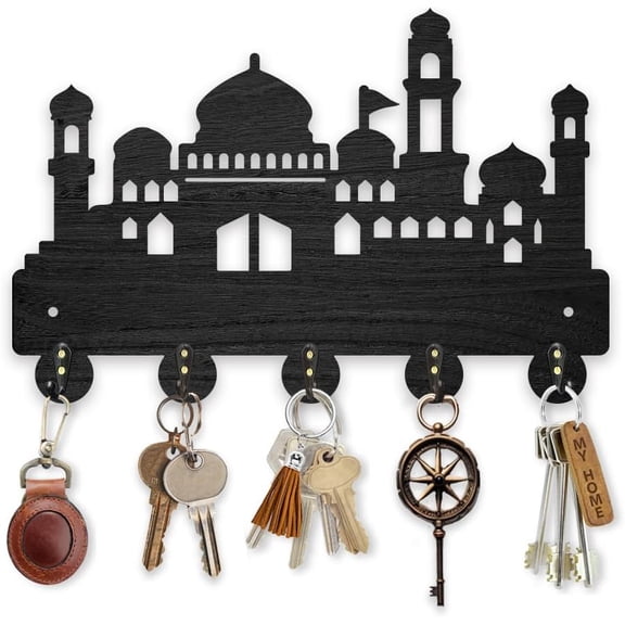 Wood Iron Wall Mounted Hangers Decorative Organizer Rack with 2Pcs Screws 5 Hooks for Bag Clothes Key Scarf Hanging Holder Castle 200x300x7mm.