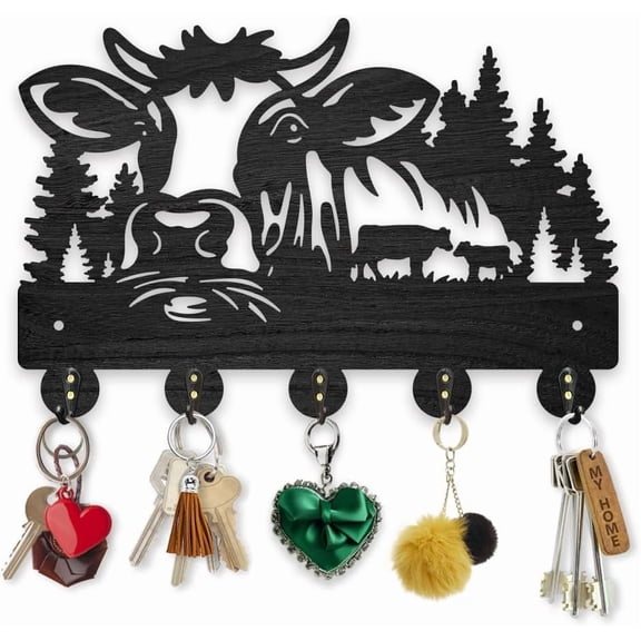 Wood Iron Wall Mounted Hangers Decorative Organizer Rack with 2Pcs Screws 5 Hooks for Bag Clothes Key Scarf Hanging Holder Cattle Wood