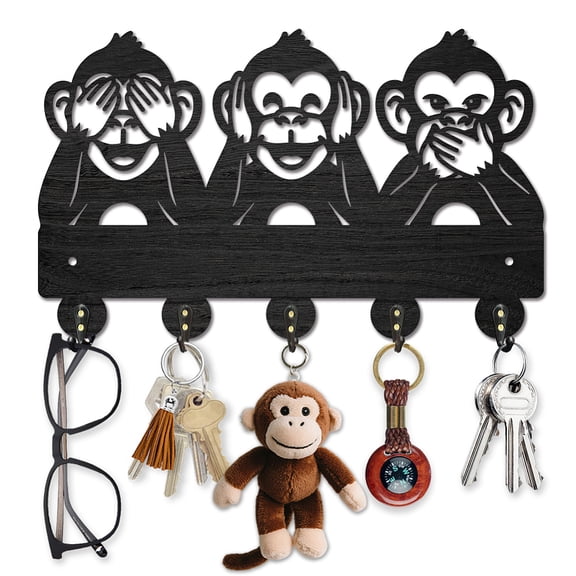 Wood & Iron Wall Mounted Hangers Decorative Organizer Rack with 2Pcs Screws 5 Hooks for Bag Clothes Key Scarf Hanging Holder Monkey 185x300x7mm