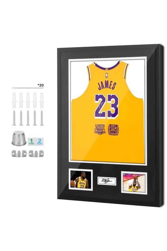 Wood Jersey Display Case with UV Protection Plexiglass, Mat & Pinboard for Football, Baseball, Basketball Shirts, Photos & Signatures (1 Pack)