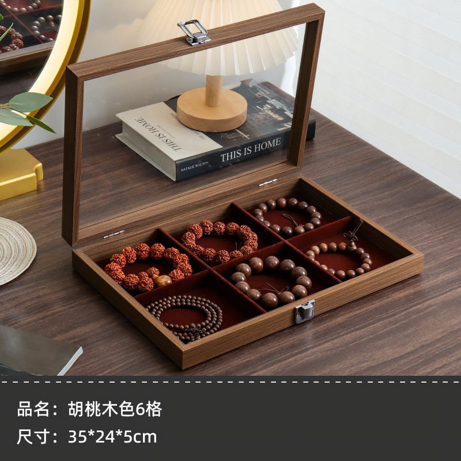 Wood Jewelry Box with Glass Lid Grided Jewelry Container Jewelry